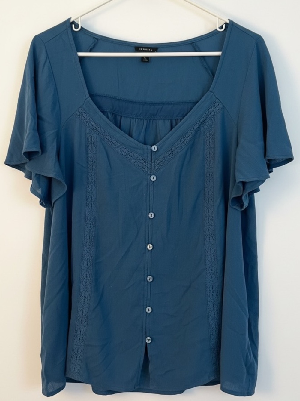torrid Teal Button-Front V-Neck Flutter Sleeve Blouse Lace Trim